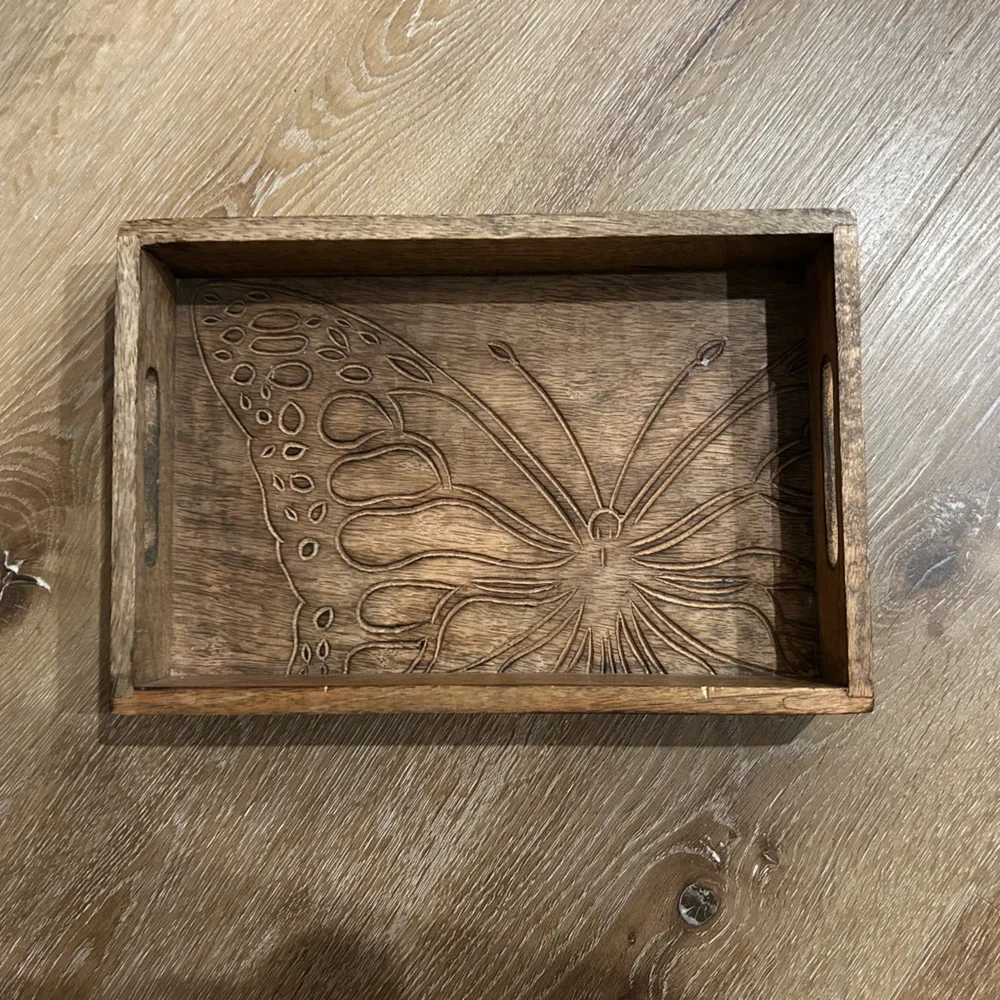 Artisan Butterfly Engraved Wooden Vanity Tray